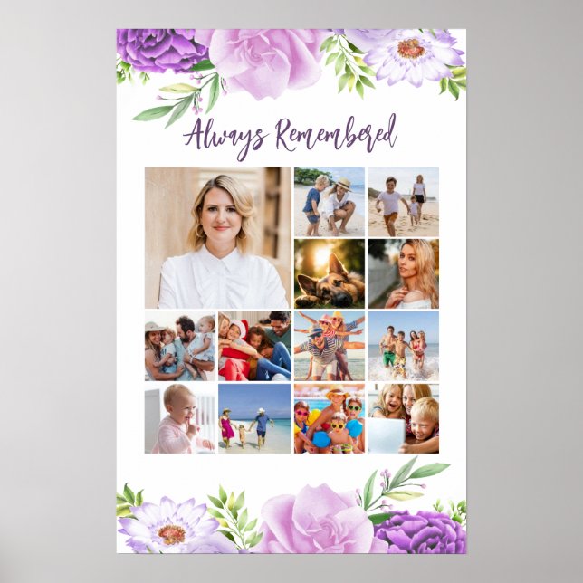 Memorial Photo Collage Purple Pink Flowers Poster  (Front)
