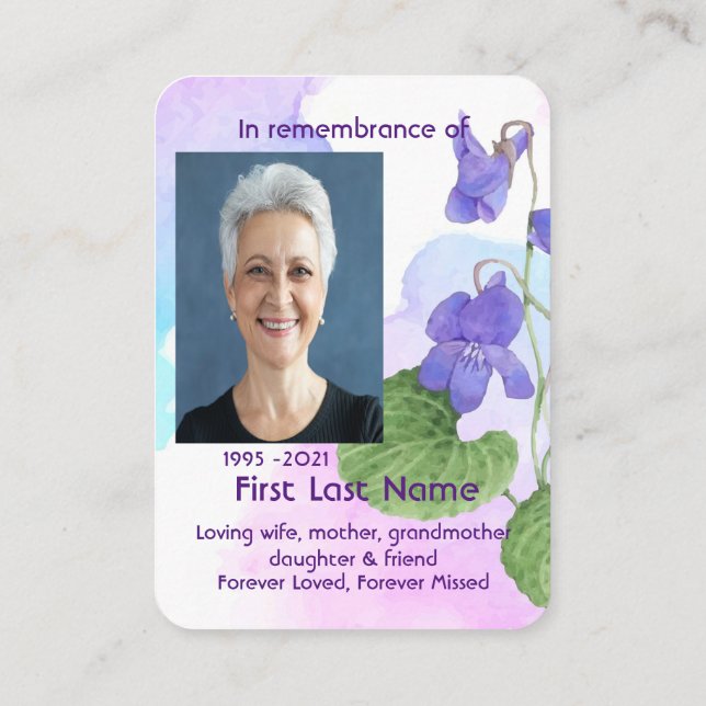 Memorial Photo Custom Wild Violet Garden Flower  Business Card (Back)