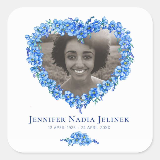Memorial photo forget-me-nots flower heart wreath square sticker (Front)