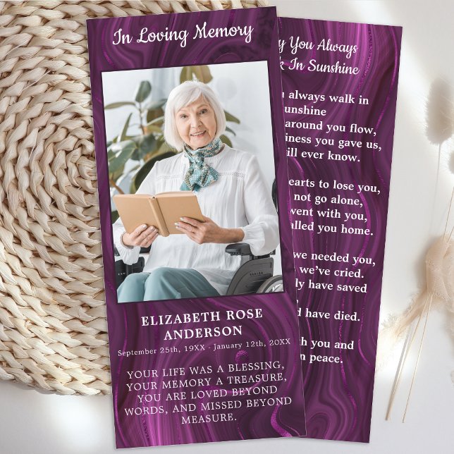 Memorial Photo Funeral Prayer Card Purple Marble  (Creator Uploaded)