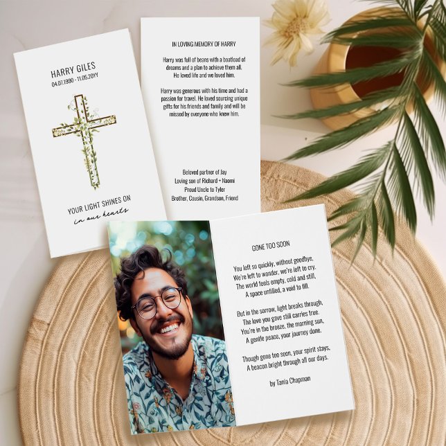 Memorial Photo Gone Too Soon Funeral Prayer Card (Funeral Memorial Prayer Card Keepsake by Darling & May)