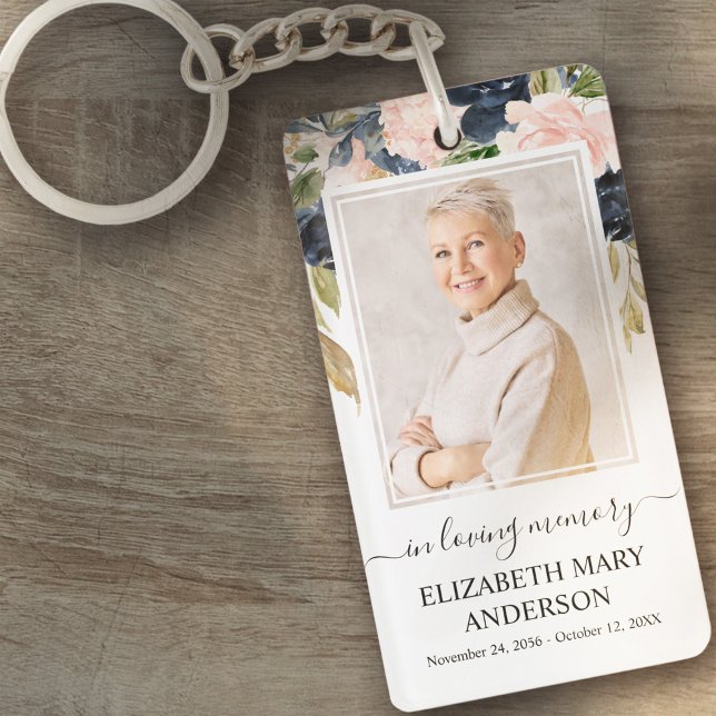 Memorial Photo In Loving Memory Pink Navy Floral Key Ring (Creator Uploaded)