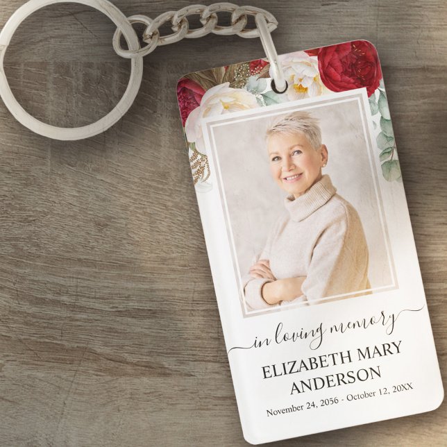 Memorial Photo In Loving Memory Red White Floral Key Ring (Creator Uploaded)