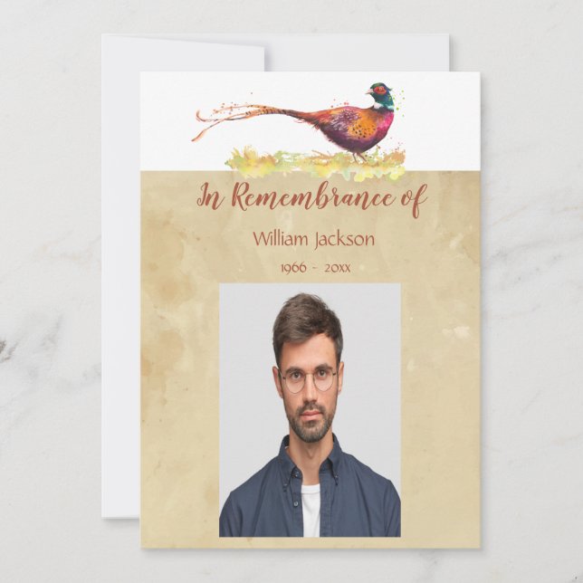 Memorial Photo Invite Watercolor Pheasant Bird (Front)
