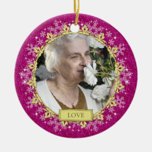 Memorial Photo Pink Snowflakes Christmas Ceramic Tree Decoration