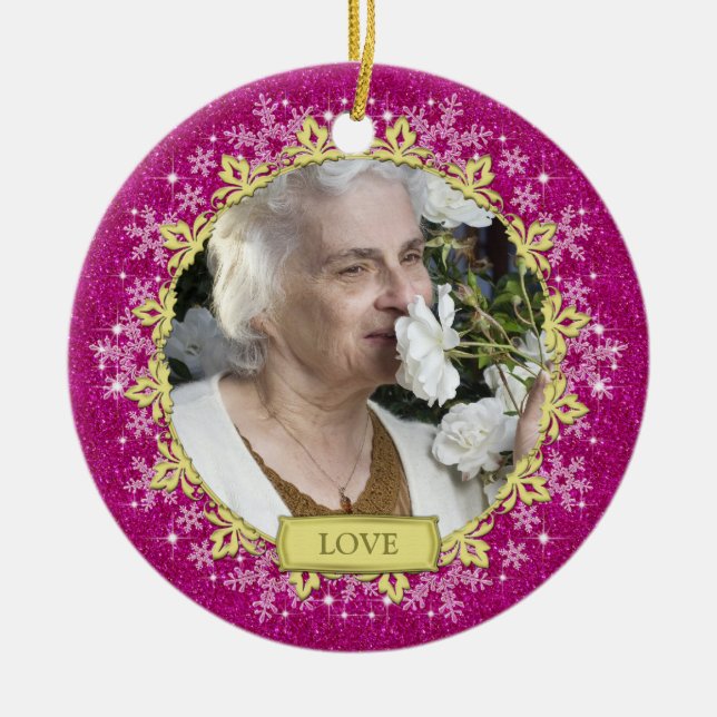 Memorial Photo Pink Snowflakes Christmas Ceramic Tree Decoration (Front)