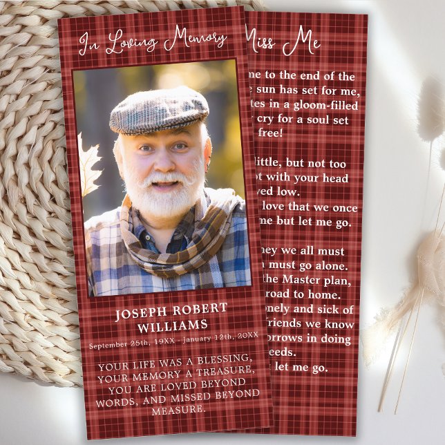 Memorial Photo Plaid Funeral Prayer Bookmark Card (Creator Uploaded)