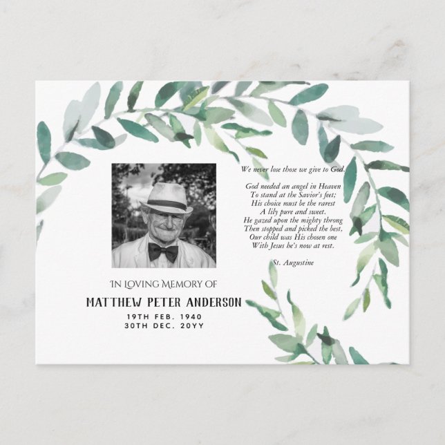 Memorial Photo Postcard with Verse Green Leaves (Front)