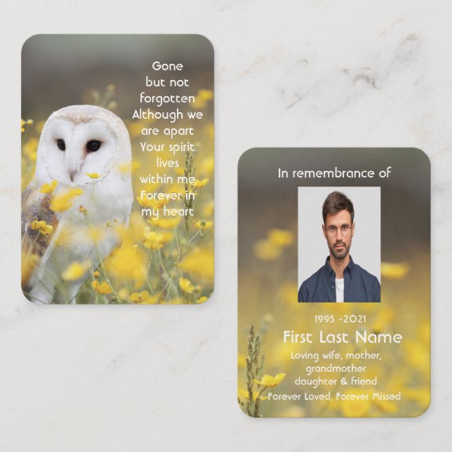 Memorial Photo Prayer Barn Owl Bird Nature Business Card (Front/Back)