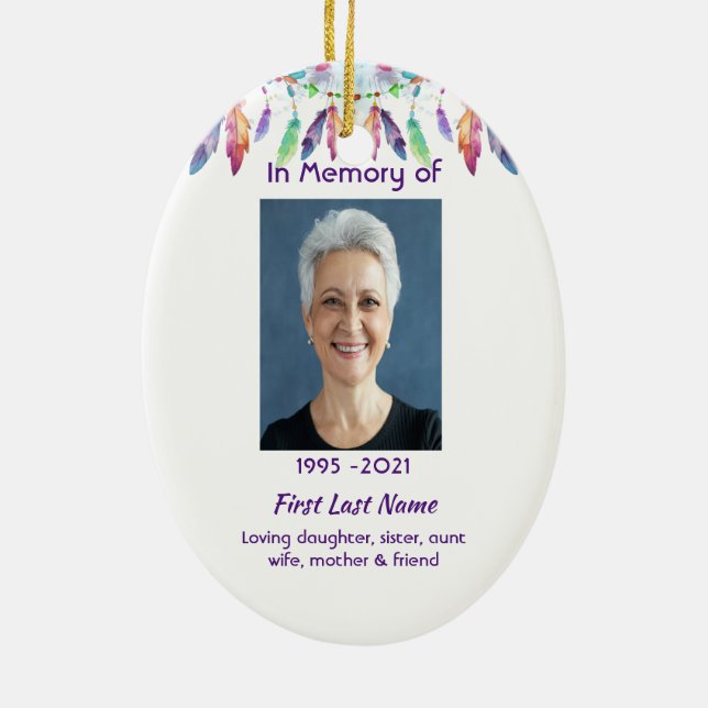 Memorial Photo Prayer Feathers Boho Tribal Native Ceramic Tree Decoration (Back)