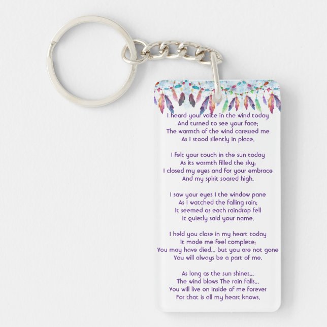 Memorial Photo Prayer Feathers Boho Tribal Native Key Ring (Front)