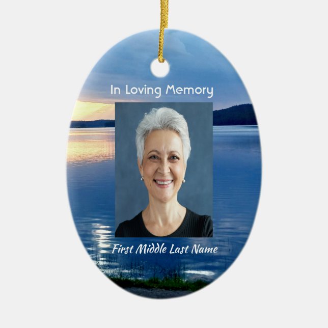 Memorial Photo Prayer Lake Sunrise Nature Ceramic Tree Decoration (Front)