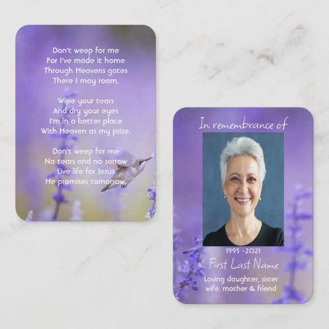 Memorial Photo Prayer Lavender Hummingbird Garden Business Card (Front/Back)