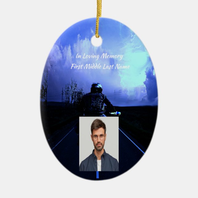 Memorial Photo Prayer Motorcycle Biker  Ceramic Tree Decoration (Front)