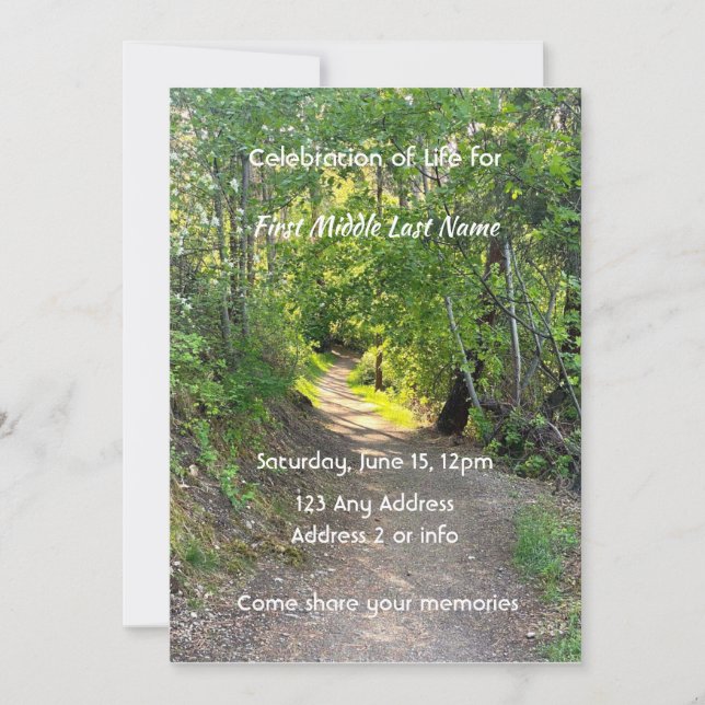 Memorial Photo Prayer Path Trail Forest Trees Invitation (Front)