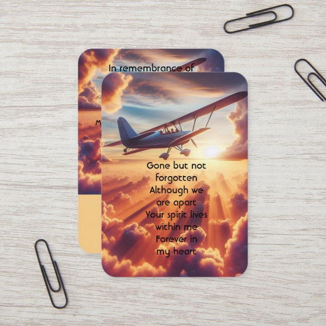 Memorial Photo Prayer Pilot Aeroplane Flying Sunse Business Card (Front/Back In Situ)