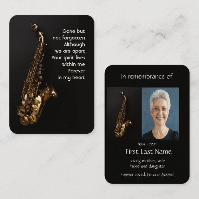 Memorial Photo Prayer Saxaphone Jazz Musician Play Business Card (Front/Back)