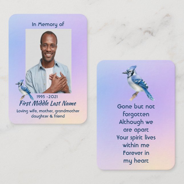 Memorial Photo Prayer Watercolor Bluejay  Business Card (Front/Back)