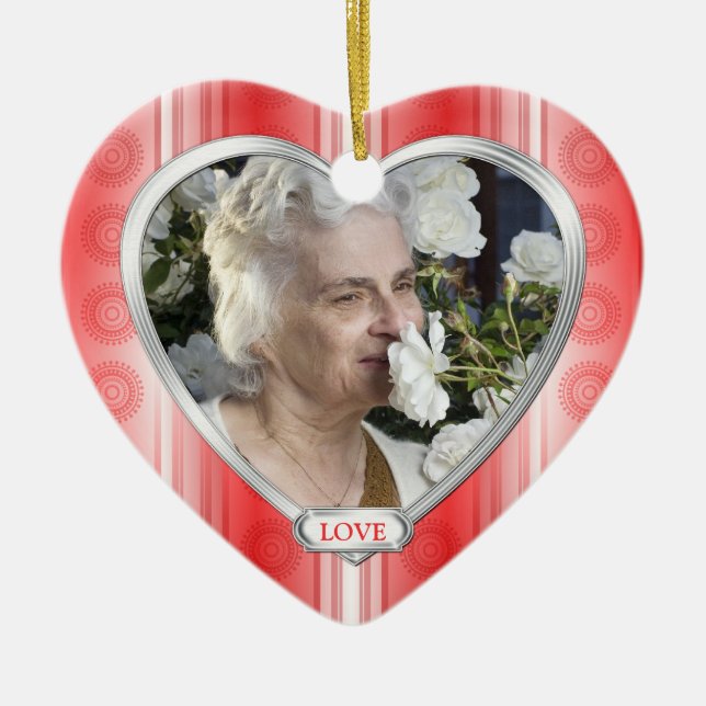 Memorial Photo Red White Heart Christmas Ceramic Tree Decoration (Front)