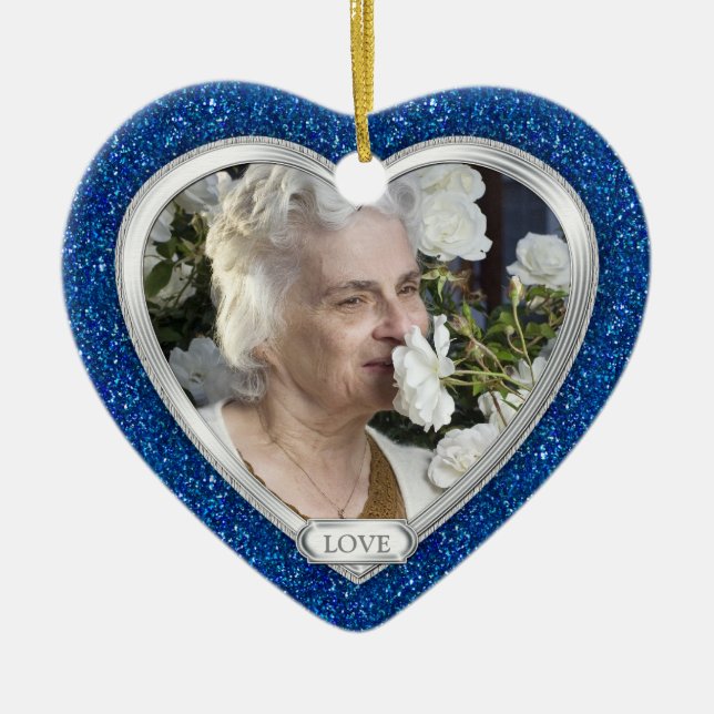 Memorial Photo Royal Blue Silver Heart Christmas Ceramic Tree Decoration (Front)