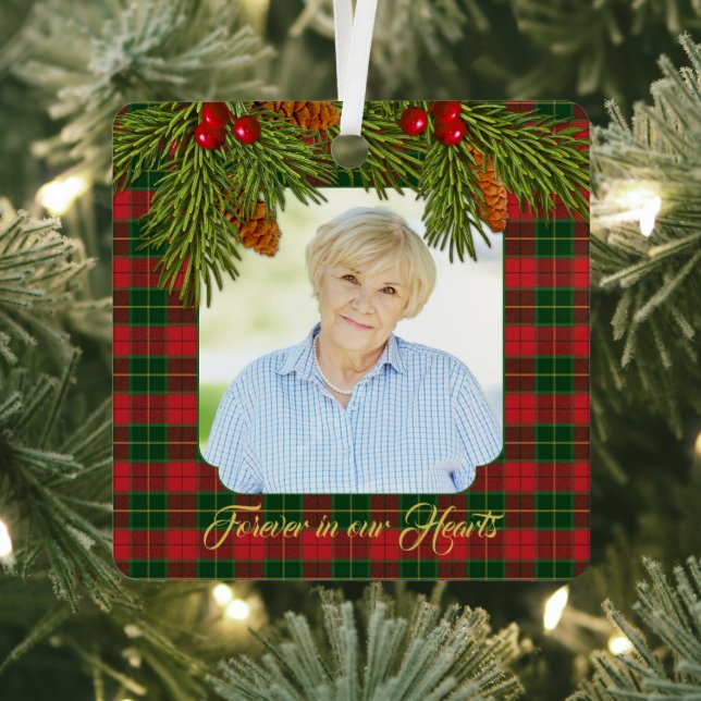 Memorial Photo Tartan Plaid Pine Boughs Christmas Metal Tree Decoration (Insitu)