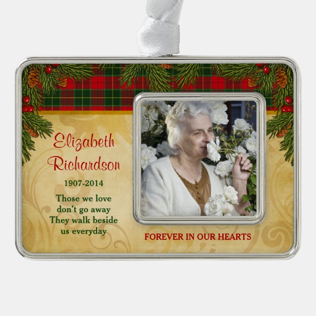 Memorial Photo Template Christmas Tartan Pine Silver Plated Framed Ornament (Front)