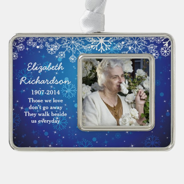 Memorial Photo Template Christmas Xmas Blue Silver Plated Framed Ornament (Front)