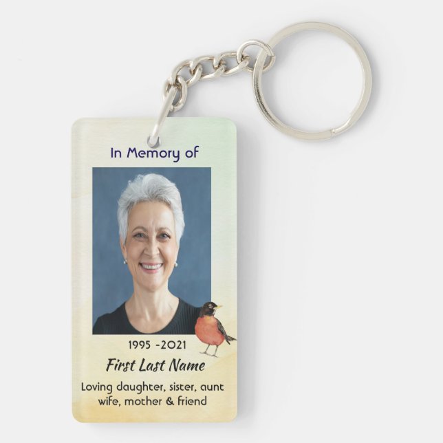 Memorial Photo  Watercolor Robin Garden Bird Key Ring (Back)