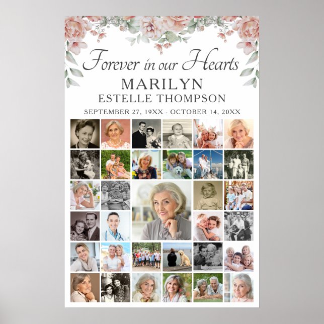Memorial Pink Floral Forever Hearts 33 Photo Poster (Front)
