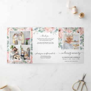 Memorial Pink Peony Watercolor Floral Tri-Fold Programme