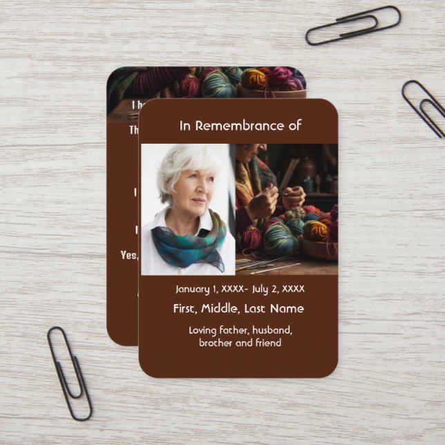 Memorial Pocket Card Knitter knitting (Front/Back In Situ)
