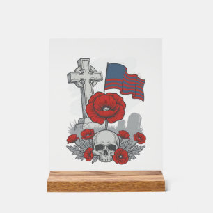 Memorial Poppy Flag Cross Vintage Engraving Vector Acrylic Sign