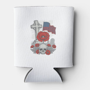 Memorial Poppy Flag Cross Vintage Engraving Vector Can Cooler
