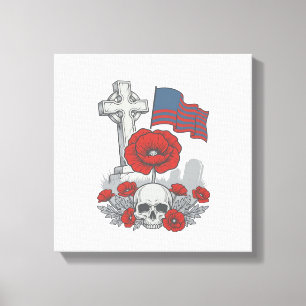 Memorial Poppy Flag Cross Vintage Engraving Vector Canvas Print