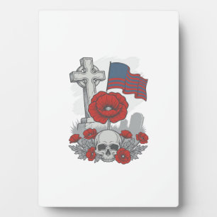 Memorial Poppy Flag Cross Vintage Engraving Vector Plaque