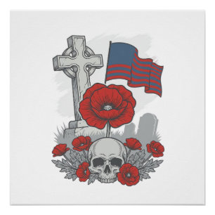 Memorial Poppy Flag Cross Vintage Engraving Vector Poster
