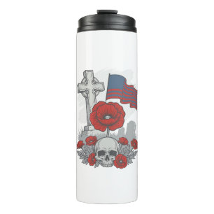 Memorial Poppy Flag Cross Vintage Engraving Vector Thermal Tumbler