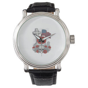 Memorial Poppy Flag Cross Vintage Engraving Vector Watch