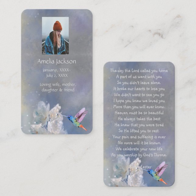 Memorial Prayer Card Hummingbird White Flowers (Front/Back)