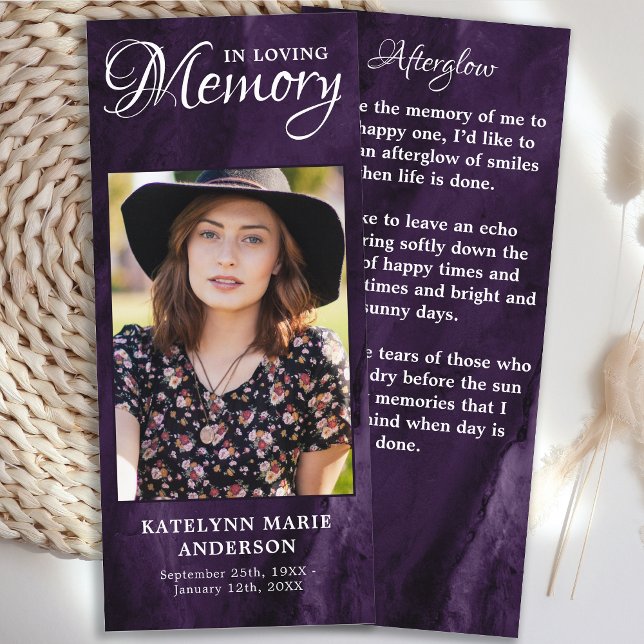 Memorial Prayer Card Photo Purple Marble Funeral  (Creator Uploaded)