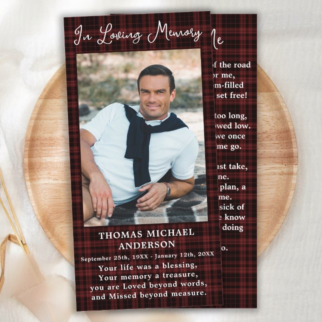 Memorial Prayer Funeral Bookmark Burgundy Plaid (Creator Uploaded)