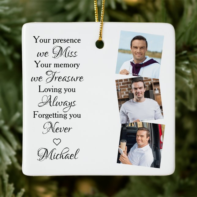 Memorial Remembrance Keepsake Modern 3 Photo Ceramic Ornament (Creator Uploaded)