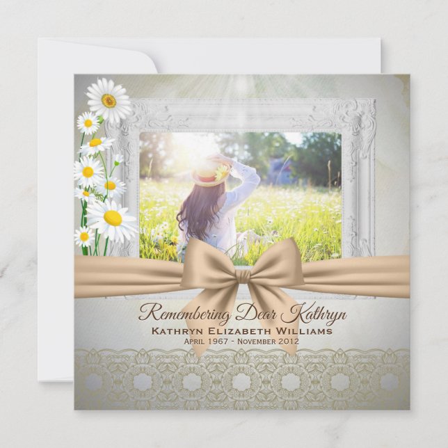 Memorial Service Beige Bow White Daisies Photo Invitation (Front)