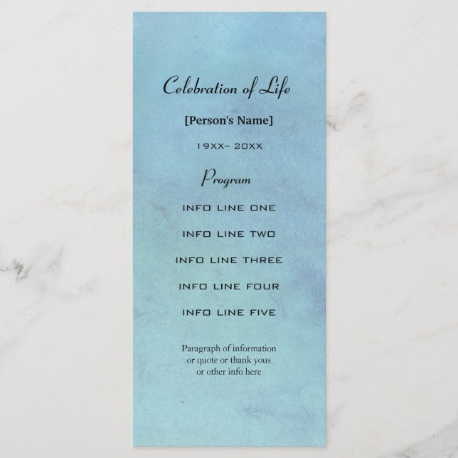 Memorial service blue watercolor program card (Front)