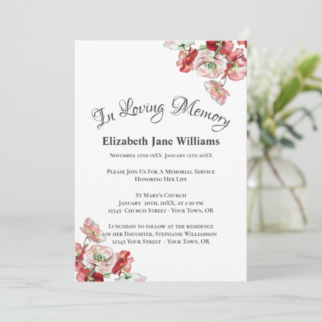 Memorial Service Celebration of Life | Poppy Invit Invitation (Standing Front)