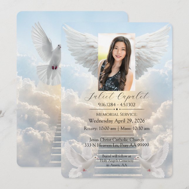 Memorial Service Clouds & Doves Invitation (Front/Back)