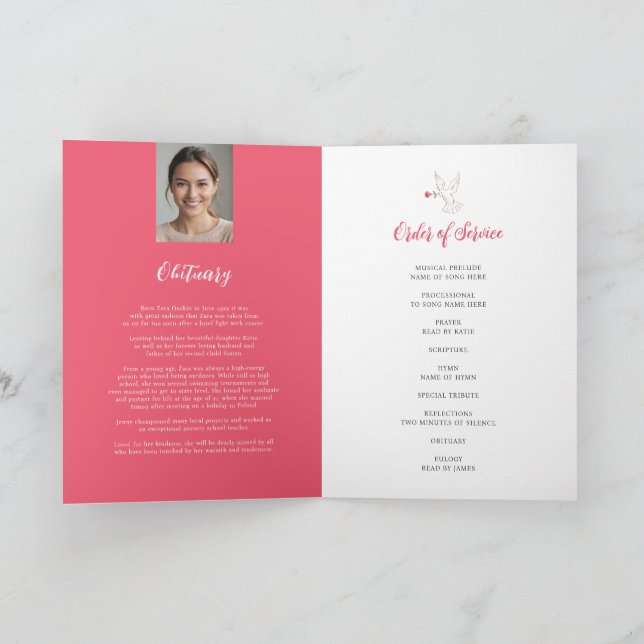 Memorial service funeral dove red pink rose photo programme (Inside)