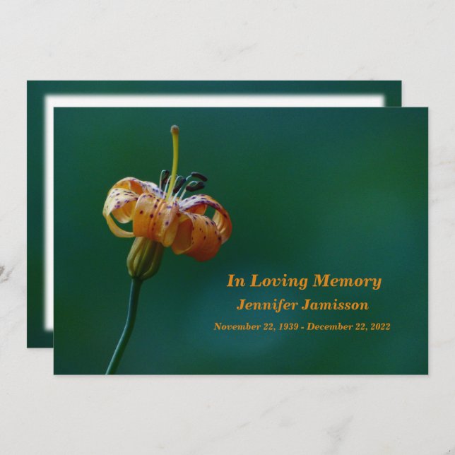 Memorial Service, Golden Yellow Lily Floral Programme (Front/Back)