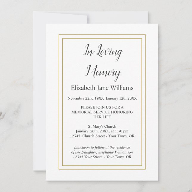 Memorial Service Invitations | Simple Elegant (Front)