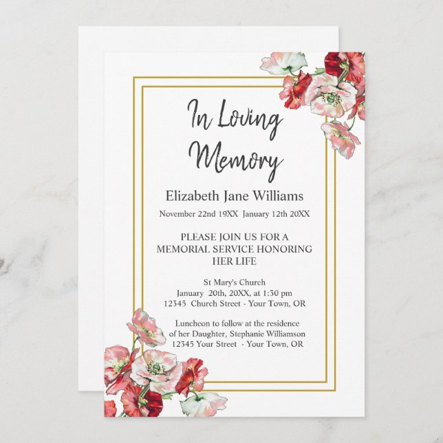 Memorial Service  Invitations | Watercolor Poppies (Front/Back)